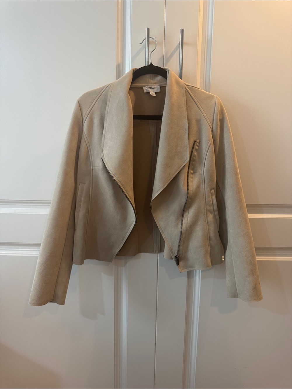 Carmen Marc Valvo Beige Suede-Style Draped Moto Jacket